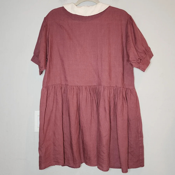 Eva Linen Peterpan Collar Puff Sleeve Button Front Mauve Mini Dress. Free Size - Picture 16 of 16